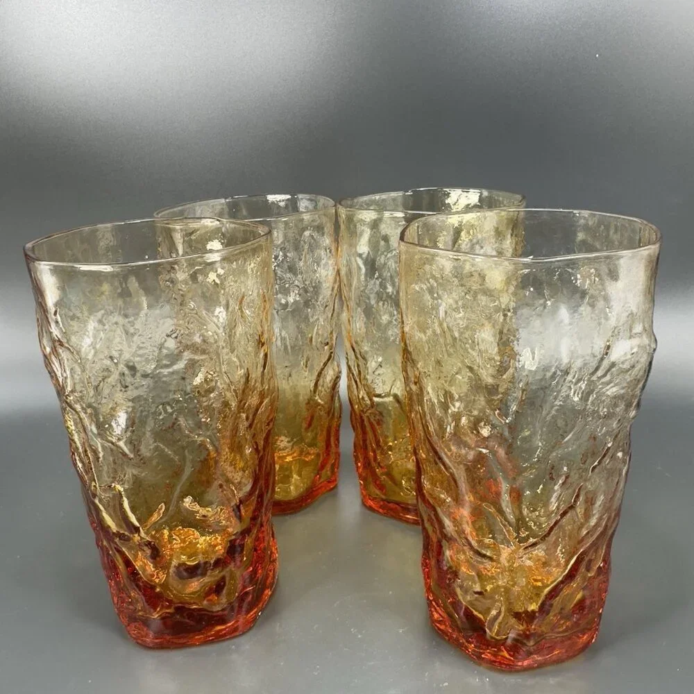 1970s Seneca Driftwood Amber Crinkle Glass Highball Tumblers Cups Set 4‎ Vintage